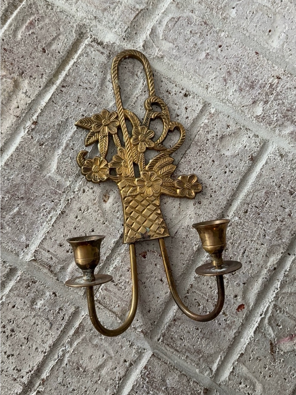 Vintage Brass Double Candle Scone Floral Basket Design
